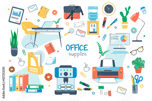 Office supplies concept isolated elements set