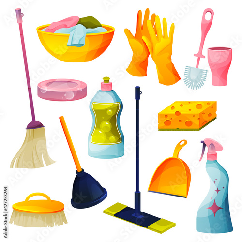Set of home cleaning products, housekeeping icons