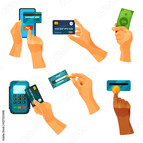 Operations with money, set of payment hands icons