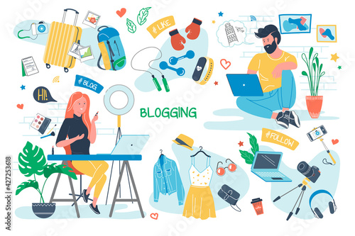 Blogging concept isolated elements set