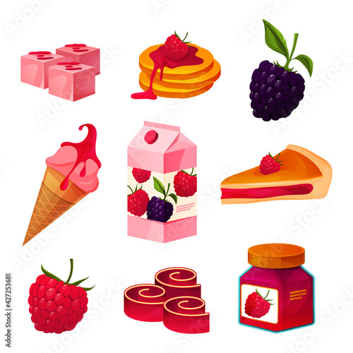 Set of raspberry and blackberry products, icons