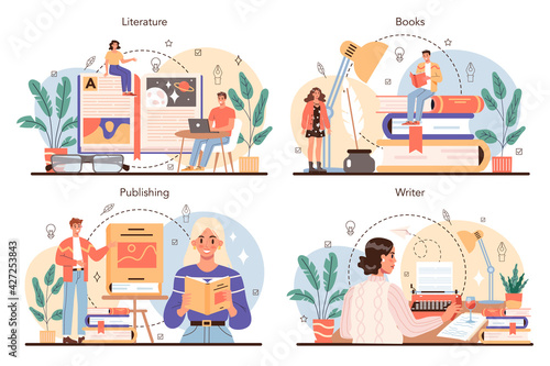 Professional writer concept set. Author writing script of a novel.