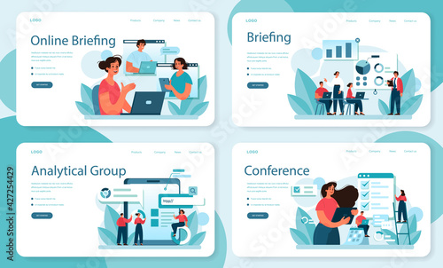 Briefing web banner or landing page set. Business people in front of co-workers
