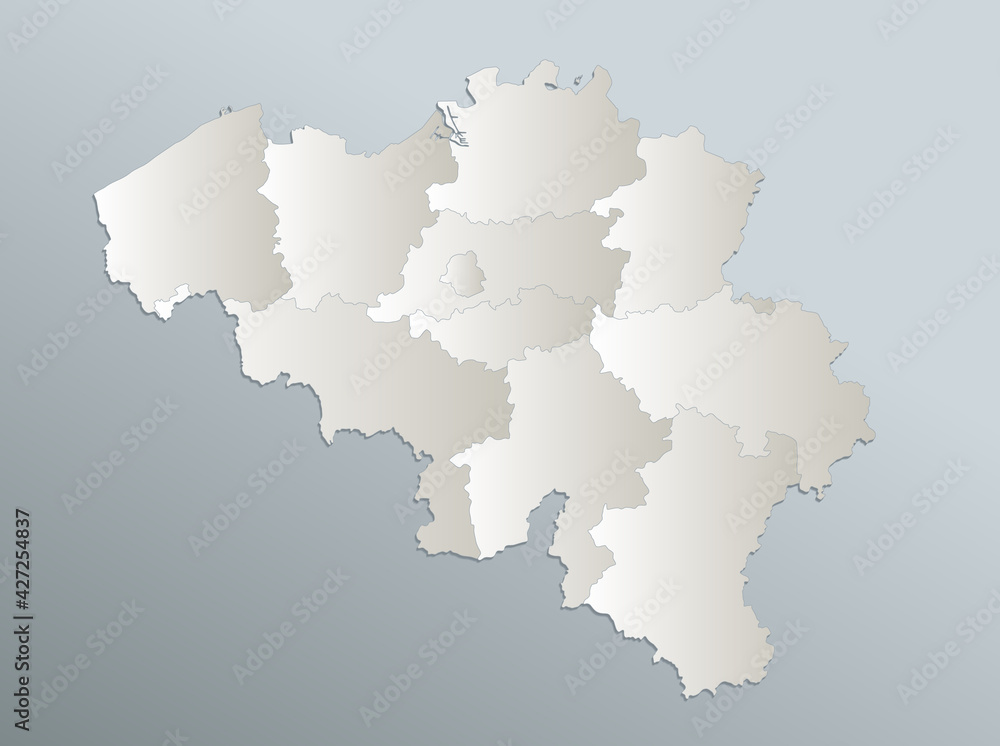 Belgium map, administrative division, blue white card paper 3D blank