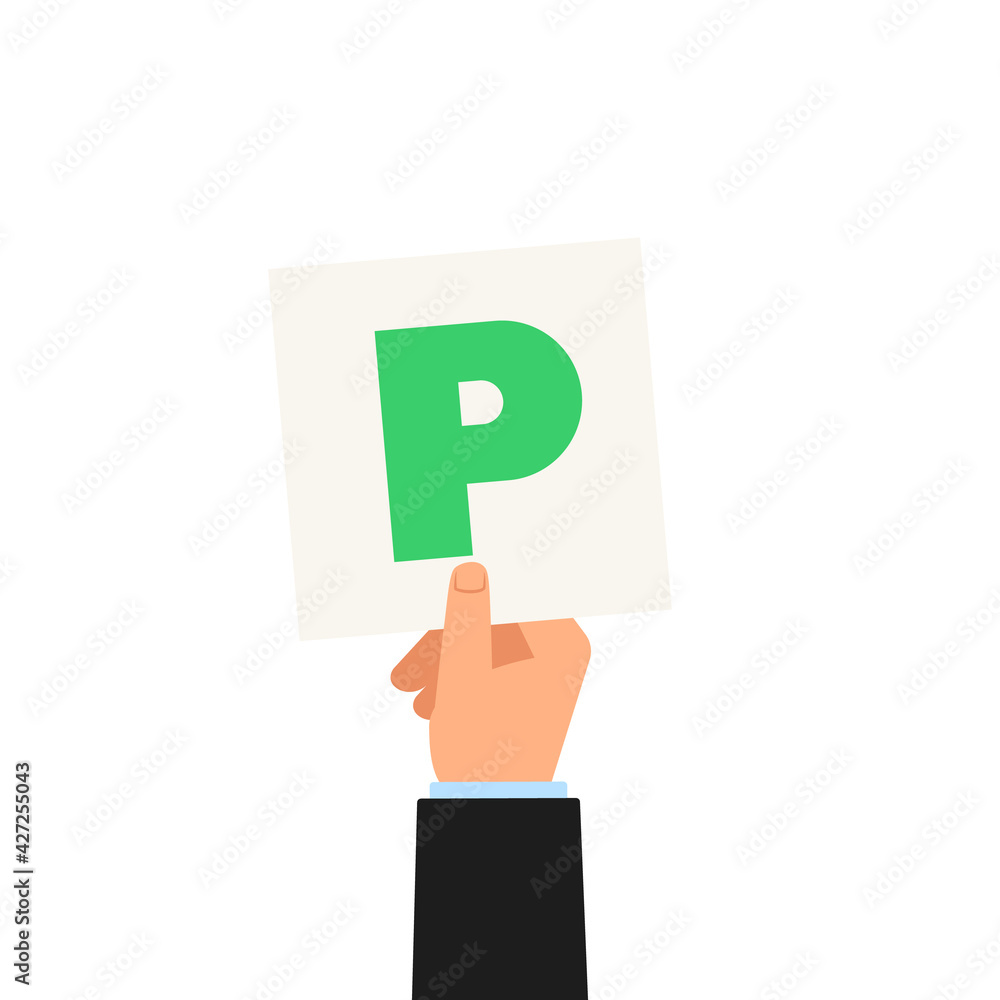 Hand holding passed pass new driver green P plate icon. Clipart image isolated on white background Hand holding passed pass new driver green P plate icon. Clipart image isolated on white background