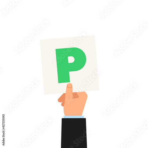 Hand holding passed pass new driver green P plate icon. Clipart image isolated on white background