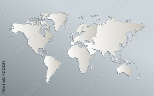 Fototapeta Naklejka Na Ścianę i Meble -  World continents map, continent, blue white card paper 3D blank