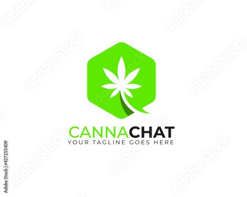 green hexagon with hemp cannabis leaf as chat bubble