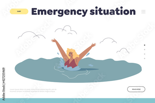 Beach emergency situation concept of landing page with woman drowning while swimming in sea