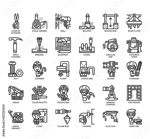 Set of construction tool thin line and pixel perfect icons for any web and app project.