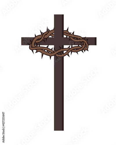 Cross with thorn crown icon. Clipart image isolated on white background