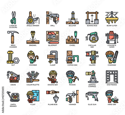 Set of construction tool thin line and pixel perfect icons for any web and app project.