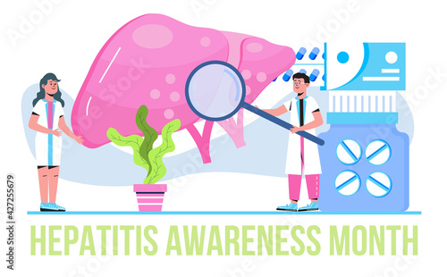 Hepatitis awareness month concept vector. Event is observed each year in May in USA. Concept of hepatitis A, B, C, D, cirrhosis, world hepatitis day. Tiny doctors treat liver.