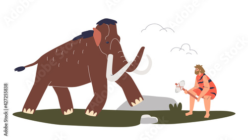 Caveman hunter fighting with mammoth. Stone age person on hunt with stone axe and spear