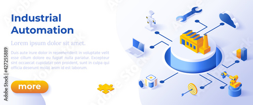 Industrial Automation - Isometric Design in Trendy Colors Isometrical Icons on Blue Background. Banner Layout Template for Website Development