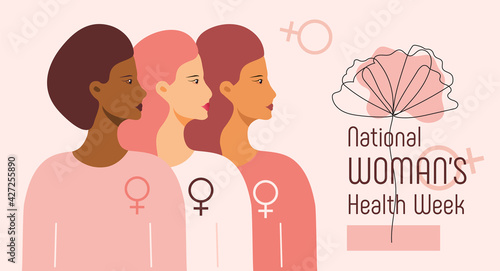 National Women's Health Week concept vector for web, app. Event on Mother's Day to encourage women health in May. Diverse race girls on boho style