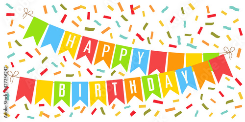 Happy Birthday celebrating card with bright bunting flags and confetti.