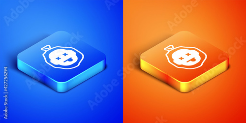 Isometric Murder icon isolated on blue and orange background. Body, bleeding, corpse, bleeding icon. Dead head. Concept of crime scene. Square button. Vector