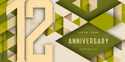 Anniversary emblems celebration logo, 12th birthday vector illustration, with texture background, modern geometric style and colorful polygonal design. 12 Anniversary template design, geometric design