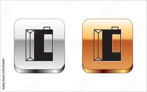 Black Paper package for kefir icon isolated on white background. Dieting food for healthy lifestyle and probiotics fulfillment. Silver and gold square buttons. Vector
