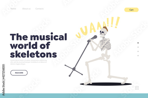 Musical world of skeleton concept of rock festival landing page with skull singer singing in micro