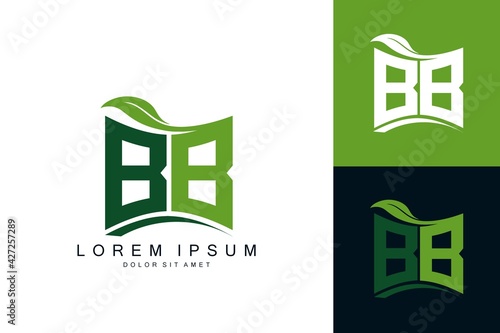 BB logo monogram with green leaf nature organic bio curved shape premium vector design template