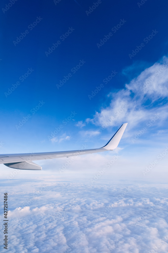 Obraz premium Airplane wing on a background of blue sky flight time.