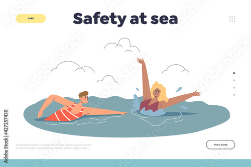 Safety at sea concept of landing page with beach lifeguard swimming to woman drowning