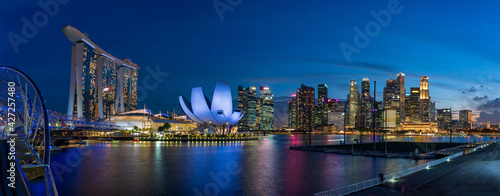 Super wide image of Singapore Marina Bay Area at magic hour.	