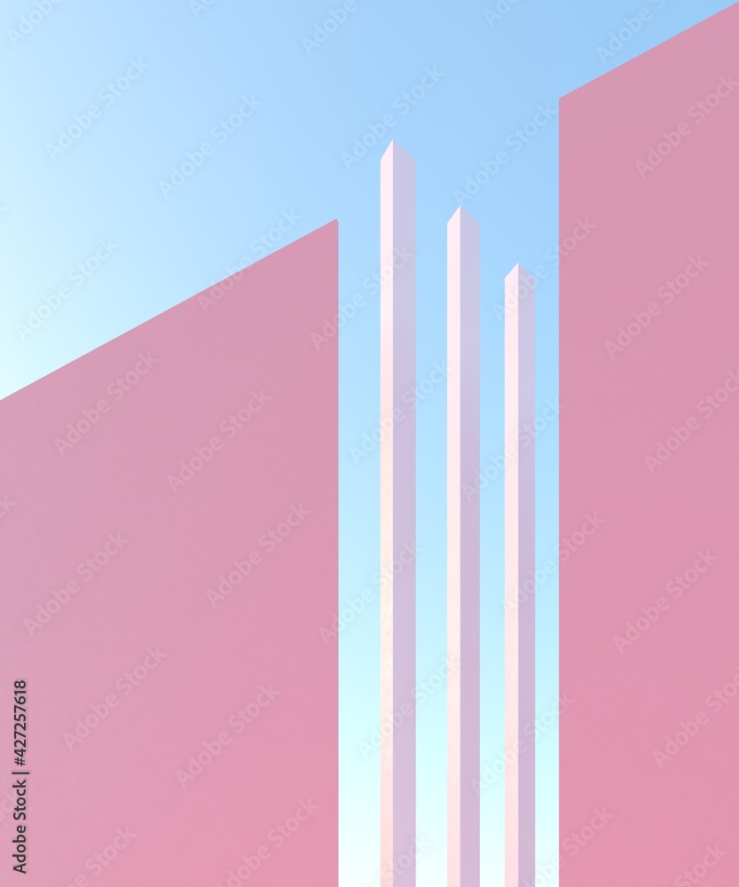 Blue sky, pink pastel background with copy space.80s 70s 60s vibe - 3d rendering. Architectural construction for bright summer advertisement Blue sky, pink pastel background with copy space.80s 70s 60s vibe - 3d rendering. Architectural construction for bright summer advertisement