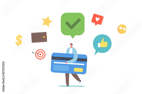 Tiny Man Carry Huge Card Got Good Credit Score Rate. Cashless Payment or Transfer Money. Banking Transaction