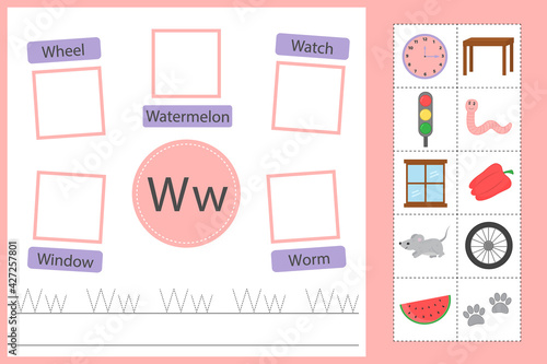 Alphabet tracing worksheet for preschool and kindergarten. Writing practice letter W. Exercises with cards for kids. Vector illustration