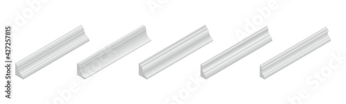Vector illustration different shapes skirting boards for wall or floor isolated on white background. Set of realistic white baseboard icons in flat cartoon style. Isometric plastic or wood moldings.