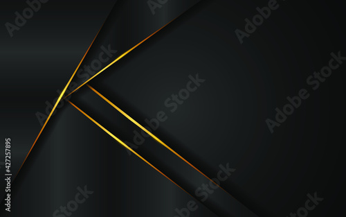 Abstract elegant gray triangular shape overlapping multiple layers with golden lines on black background. Concept of modern technology innovation