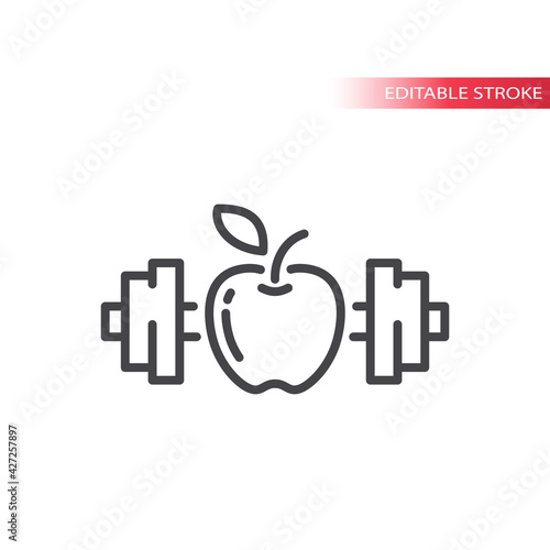 Apple and a dumbbell line vector icon. Eating healthy and fitness workout outline symbol, editable stroke.