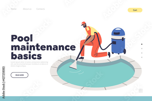 Pool maintenance basics concept of landing page with worker cleaning water with vacuum cleaner