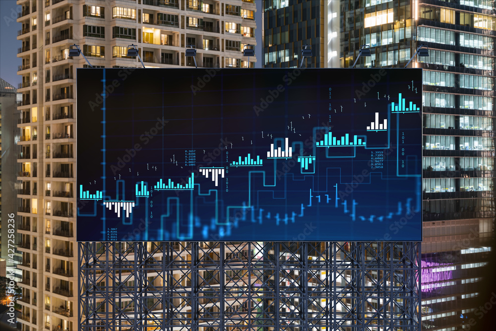 FOREX graph hologram on billboard, aerial night panoramic cityscape of Bangkok. The developed location for stock market researchers in Southeast Asia. The concept of fundamental analysis FOREX graph hologram on billboard, aerial night panoramic cityscape of Bangkok. The developed location for stock market researchers in Southeast Asia. The concept of fundamental analysis