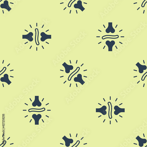 Blue Joint pain, knee pain icon isolated seamless pattern on yellow background. Orthopedic medical. Disease of the joints and bones, arthritis. Vector photo