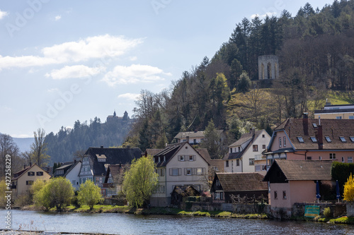 Ausblick auf ein Dorf im Schwarzwald mit einem Schloss im Hintergrund