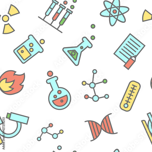 Chemistry seamless pattern with laboratory flasks icons. Scientific experiment Chemical lab and equipment background. vector endless texture