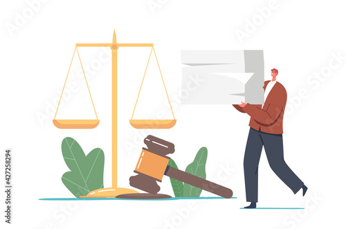 Tiny Man Notary or Lawyer Carry Huge Pile with Legal Documents near Gavel and Scales. Attorney Service, Documentation