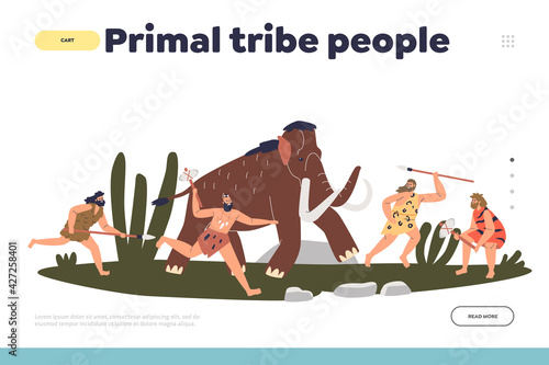 Primal tribe people concept of landing page with prehistoric stone age men attack mammoth