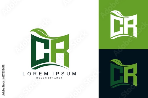 CR logo monogram with green leaf nature organic bio curved shape premium vector design template