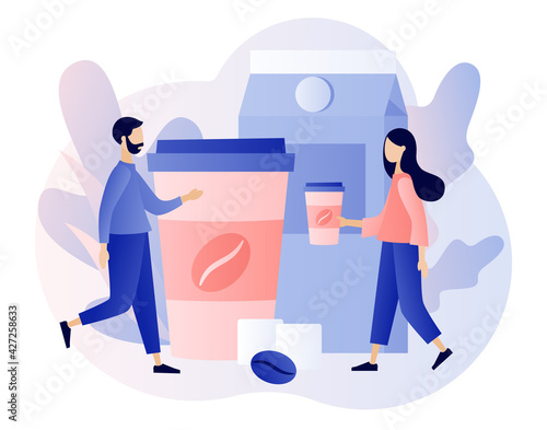 Coffee break concept. Tiny people businessmen relaxing, talking and drinking coffee. Lunch time in office. Modern flat cartoon style. Vector illustration on white background