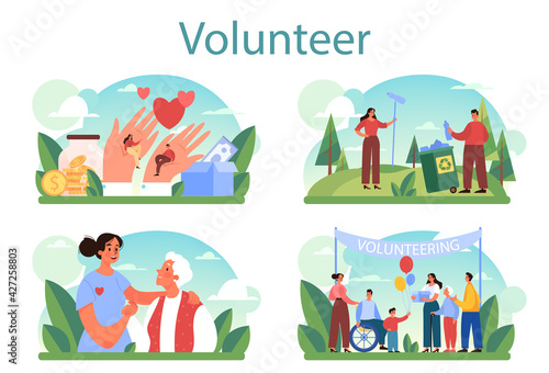 Volunteer concept set. Charity community support old and disabled people,