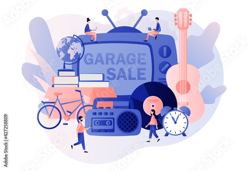 Flea market. Garage sale online. Yard sale. Tiny sellers and customers. Vintage goods or rag fair. Bazaar. Modern flat cartoon style. Vector illustration on white background