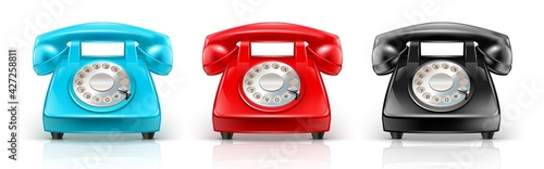 Vector collection of 3d realistic red, blue and black phone. Isolated on white background.
