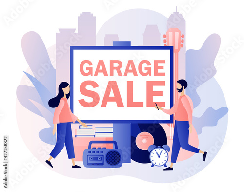 Garage sale - big advertisement banner. Flea market online. Yard sale. Tiny sellers and customers. Vintage goods or rag fair. Bazaar. Modern flat cartoon style. Vector illustration on white background