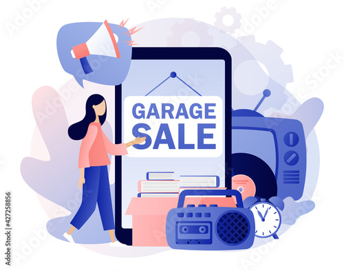 Garage sale - advertisement on smartphone screen. Flea market online. Yard sale. Tiny sellers and customers. Vintage goods or rag fair. Bazaar. Modern flat cartoon style. Vector illustration