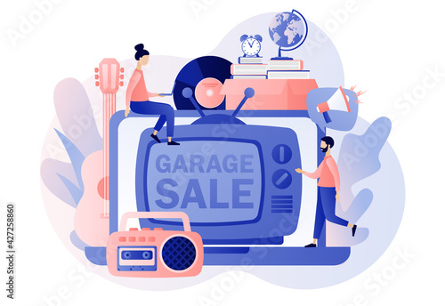 Garage sale - advertisement on laptop screen. Flea market online. Yard sale. Tiny sellers and customers. Vintage goods or rag fair. Bazaar. Modern flat cartoon style. Vector illustration 